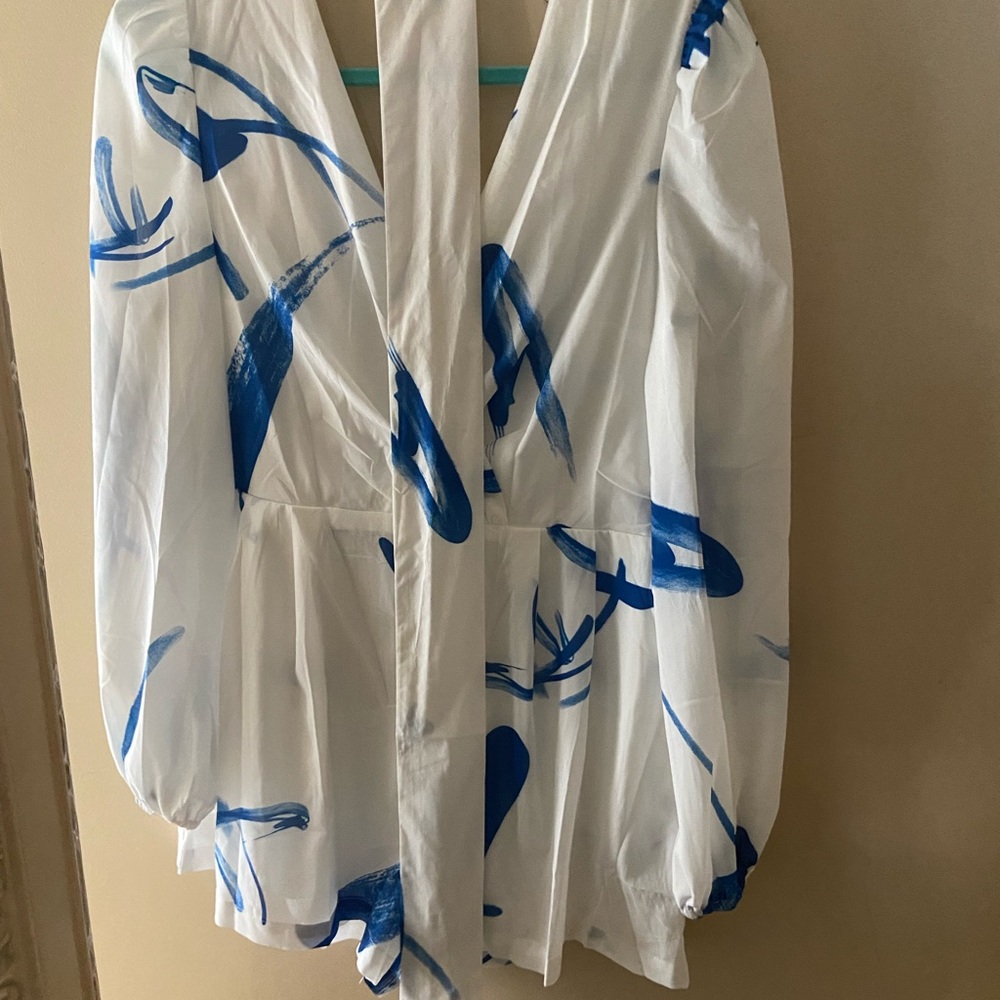 White With Blue Brush Strokes Romper. View 5